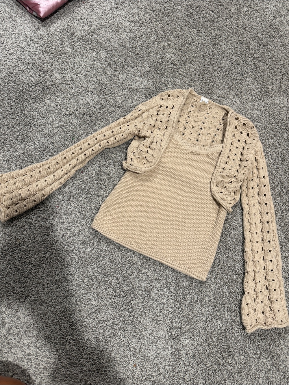 Beige Knit Tank with Cropped Eyelet Cardigan Set
